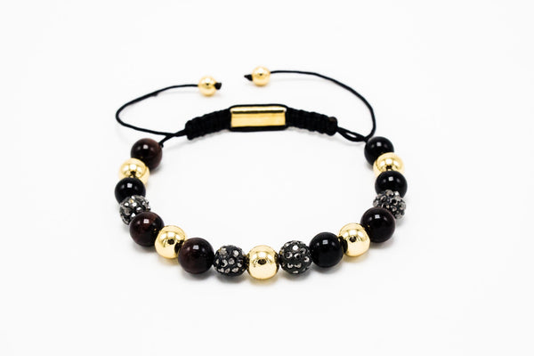 Red Tiger eye, Lux Gold beads, Grey Stone Disco Macrame